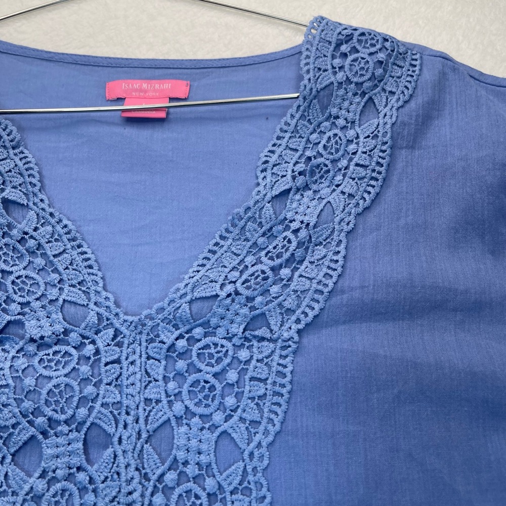 Isaac Mizrahi Tunic Top Women L Blue Crochet Lace‎ V-Neck Cotton Boho Peasant